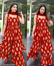 New Gorgeous Sharara RED Rayon Fabric Kurti With Net Dupatta For Occasional/Daily Wear