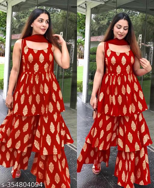 New Gorgeous Sharara RED Rayon Fabric Kurti With Net Dupatta For Occasional/Daily Wear
