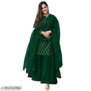 Women's Beautiful Rayon Printed Round Neck Kurta And Sharara With Net Dupatta Set