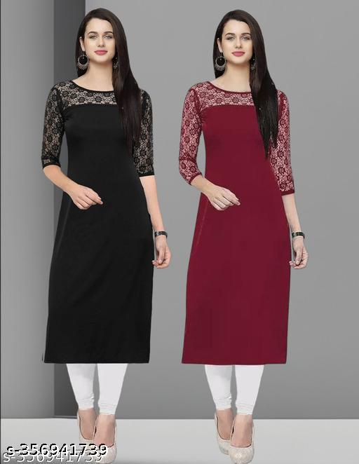 Polyster/Crepe fabric-Pack of 1 Casual And Round-Neck 3/4 Length Sleeves Black & Maroon Kurti (42"Inches)