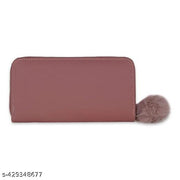 Purse Clutch Wallet for Women - PU Leather Single Zip Card Coin Holder Long Pom Pom