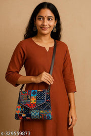 Gorgeous women Blue PU sling bags/Cotton Fabric sling bags for women/Full handwork bag/Party wear and wedding bag for women