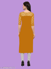 Casual American Crepe And Net Round-Neck 3/4 Length Sleeve Yellow Kurti (45"Inches)