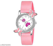 Stylish Diamond-Studded Analog Watch with Floral Design Dial & Pink PU Strap