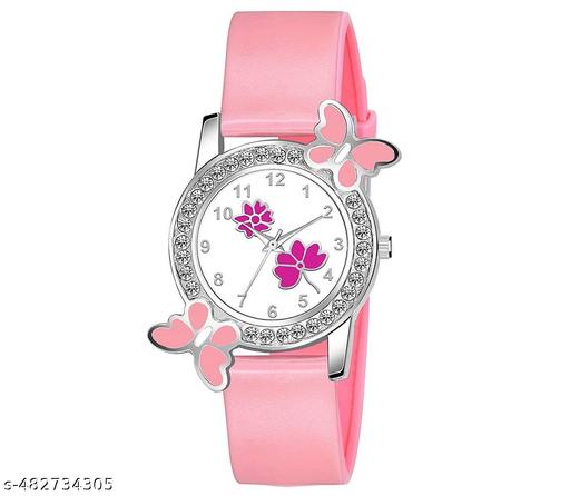 Stylish Diamond-Studded Analog Watch with Floral Design Dial & Pink PU Strap