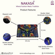 NAKASA Women's Jaipuri Handmade Damru Embroidery Small Blue Clutch Bag