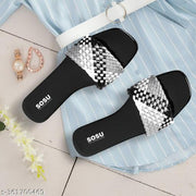 Sosu Women Stylish Black Silver Woven Sliders | Designer Flat Slippers for Women | Trendy Party Wear Fancy Sandals | Comfortable Daily Wear Slides | Lightweight Fashion Chappal