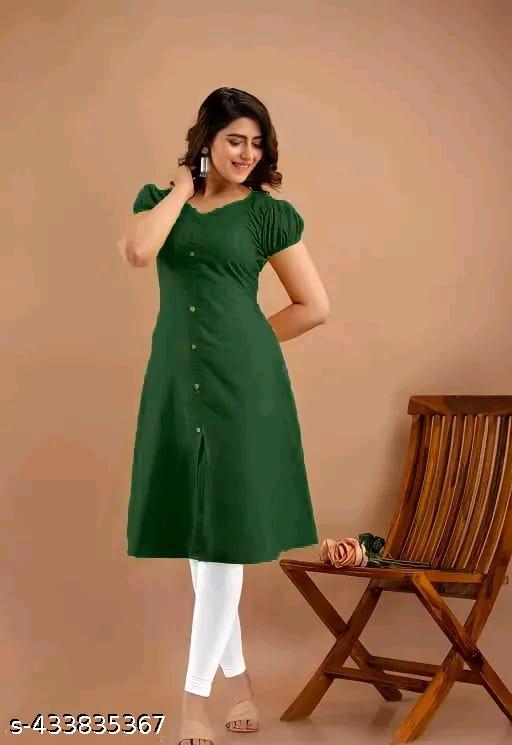 Women's&Girl's "Rayon"  Fashionble v-neck with puff sleeb  stylish kurti(bottlegreen)