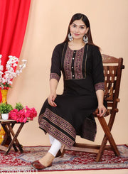 Sagsi Women Rayon Ethnic Wear for Casual and Festive Occasions Gold Printed Straight Fit Kurti(Black) |Ethnic Kurti for Women|Kurtis & Kurtas |Simple & Party Wear Kurti|