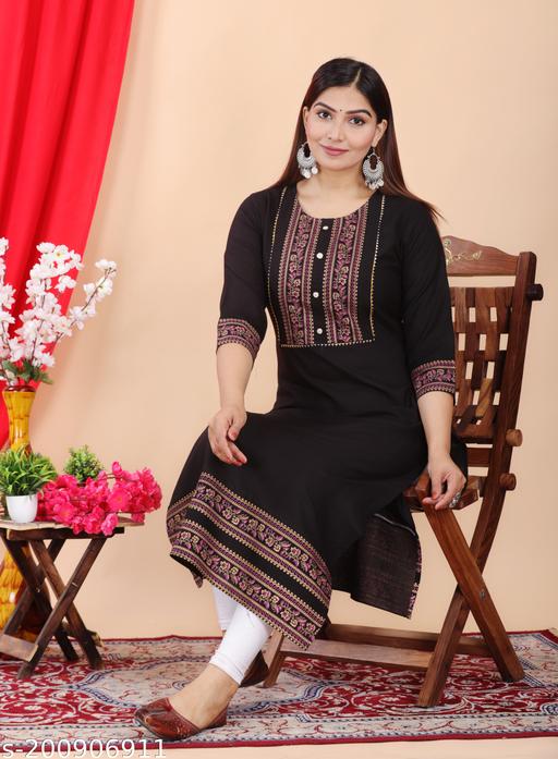 Sagsi Women Rayon Ethnic Wear for Casual and Festive Occasions Gold Printed Straight Fit Kurti(Black) |Ethnic Kurti for Women|Kurtis & Kurtas |Simple & Party Wear Kurti|