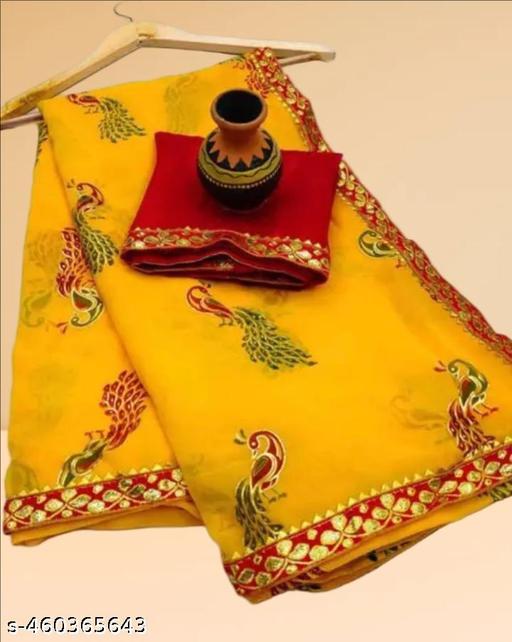 Yellow colored Matka Georgette Saree with Lace border and Blouse , bandhej sarees , BANDHANI SAREES , TRENDING SAREES , BANDHEJ SAREES , PURE GEORGETTE SAREES , SOFT GEORGETTE SAREES , BANDHNI SAREES , bandhani sarees