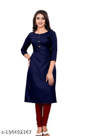 Cool&Classy Boat Neck Fornt Button Rayon Kurti(Navy Blue)