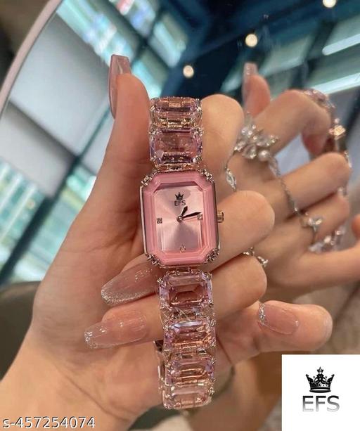 EFS Fashion Brand Wrist Watches Women Girl Beautiful Rectangle Colorful Gems Design Steel Metal Band Clock S72 02 - Rose gold pink