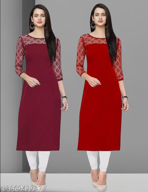 Pack of 1 Casual American Crepe And Net Round-Neck 3/4 Length Sleeves Maroon & Red Kurti (42"Inches)