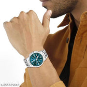 Listen Day & Date Function Watch With Silver Coated Green Dial, Stainless Steel Chain Strap Analog Watch - For Men