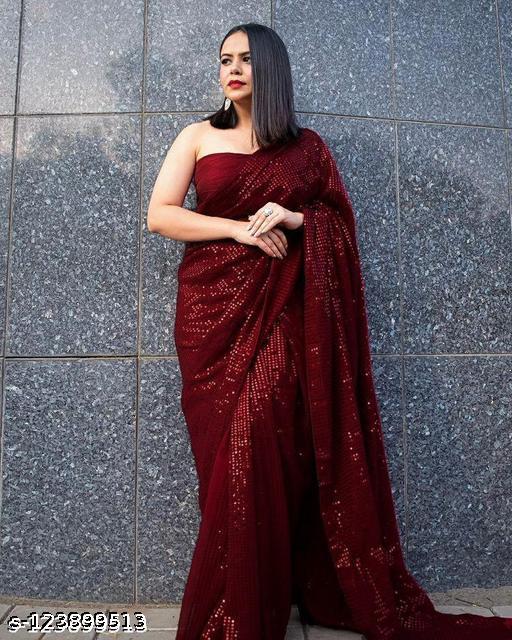 Aligent Georgette Fabric With Sequence Work Party Wear Saree