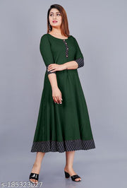 Trendy Women's Solid Printed Round Flared Kurti (Dark Green)