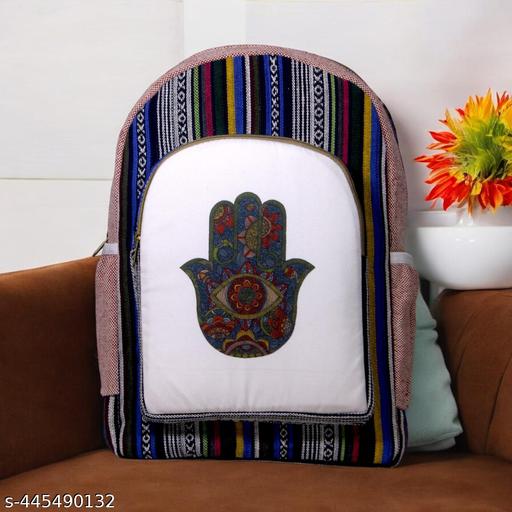 Multicolor Hamsa Hand Backpack with White Front Panel | Evil Eye Spiritual Print School Bag for Girls & Boys | Ethnic Stripe Casual Travel Backpack with Side Pockets & Zipper Closure