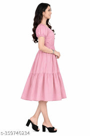 Women Rayon Solid A-Line Flared Kurti | Stylish Puff Sleeve One Piece Dress| Party Wear Dress Under 199 | Peach Baby Pink