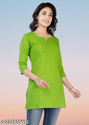 Womens Pintucks Solid Short Kurti Green
