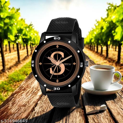 PS WATCHESAnalog Round black Dial ALPHABET S Design Stylish black Strap Classic Design Fancy Watch for Men and Boys, Pack of 1 ALPHABET S-AVO-BLK-SFR-1