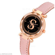 Skoal Analog Round Black Dial ALPHABET S Design Stylish Peach Leather Strap Classic Design Fancy Wrist Watch for Women and Girls, Pack of 1 - ALPHA-S-GEN-RG-PCH-L