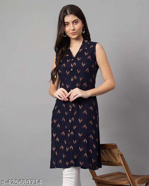 BluGrass: Sleeveless kurti with a shirt collar- Front and Side slit, Blue-Gold