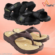 TieFit Men's Accupressure Non-Slip Slippers & Light Weight Sandal Combo Pair Of 2