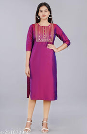 Neha Wine New Stylish ArtSilk Round Neack with Emrodery work  Kurti for Women