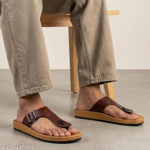WALKAROO Plus Men Comfort Cushion Sole Stylish T-Strap Buckle Slip-On Thong Sandals WE1332 Brown