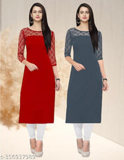 Pack of 1 Casual American Crepe And Net Round-Neck 3/4 Length Sleeves Red & Grey Kurti (42"Inches)