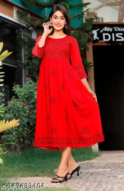 Women RED  Rayon Hand Block Print Detail Anarkali Kurti