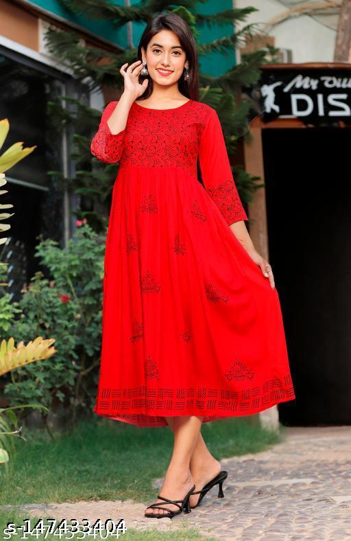 Women RED  Rayon Hand Block Print Detail Anarkali Kurti
