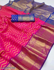 Attractive & Beautiful Soft Kanjivaram silk fabric banarasi style self designed zigzag saree with zari woven border & unstitched blouse