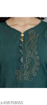 Women’s Deep Green Slub Cotton Kurta Set with Sequin Work and Striped Trousers....