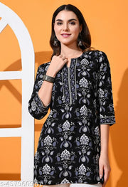 Womens Printed Pure Cotton Kurti in Black