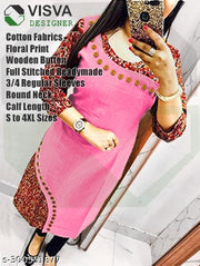 VISVA DESIGNER Cotton Floral Printed & Plain Straight Daily Use Wooden Button Stylish Kurti For Women Latest Design Kurthi Dress For Girls Ladies Can Wear in Party or Casual Occasion