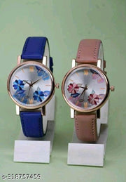 SHREE GORGEOUS FLOWER DESING LATHER ANALOG WATCH FOR GIRLS AND WOMEN COMBO (PACK OF 2)