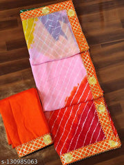 ASTEYAM NEW COLLECTIONS WITH GOTTA BORDER TRADITIONAL COLOURS.GEORGETTE SAREE ..AWESOME QUALITY.BEAUTIFULL LAHERIA ALL OVER SAREE, WITH FULL FINISH BOUTIQUE LOOK.LINKED WITH GOTTA BORDERS.UNSTITCHED BLOUSE.