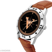Femeo   Analog 9293  Watches Round Black Dial V Design Stylish Beige Leather Strap Classic Design Fancy Wrist Watch for Men and Boys, Pack of 1 - A07ZALPHA-V-AVO-SIL-TAN-CRL