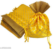 3A FEATURETAIL 13Cm X 18Cm 10pc Red & Yellow Color Golden Berfi Print Small Drawstring Bags Pouches Potli For Gift, Jewelry, Dryfruits & Candy