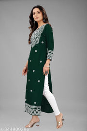Women Embroidered Cotton Rayon Straight Kurta  (Green)