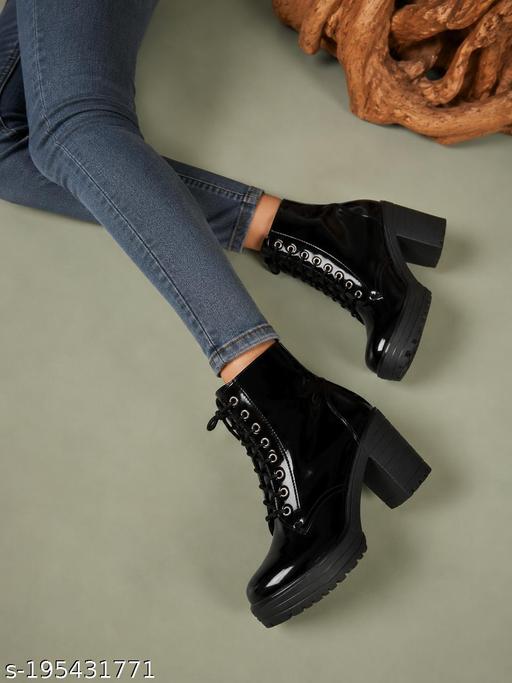 STRASSE PARIS | Women's Glossy Black Patent Lace-Up Platform Chunky Block Heel Ankle Boots | High Heel Synthetic Party & Casual Boots for Girls