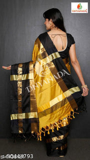 Rajawadi Elegant Elephant Design Cotton Silk Saree With Running Blouse Piece (Mustard Gold & Black)