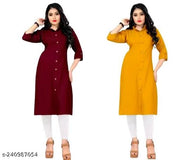 Trendy Attractive Traditional Women Solid A-Line Kurtis With Mandarin Collar, Show Button & Pocket (Pack of Two - Maroon & Yellow, Fits for Christmas Day & New Year 2026 Celebration)