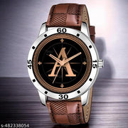 Natrix Analog Round Black Dial ALPHABET A Design Stylish Brown Leather Strap Classic Design Fancy Wrist Watch for Men and Boys, Pack of 1 - ALPHA-A-AVO-SIL-BRW-CHL