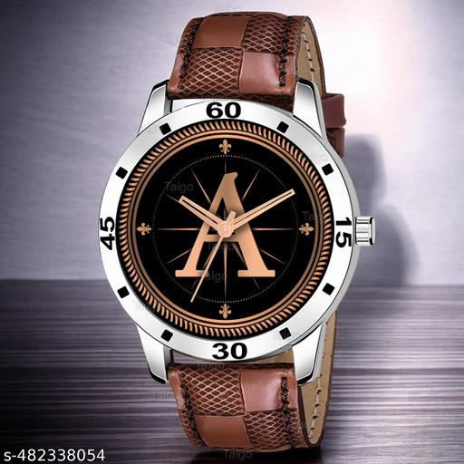 Natrix Analog Round Black Dial ALPHABET A Design Stylish Brown Leather Strap Classic Design Fancy Wrist Watch for Men and Boys, Pack of 1 - ALPHA-A-AVO-SIL-BRW-CHL