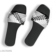 Sosu Women Stylish Black Silver Woven Sliders | Designer Flat Slippers for Women | Trendy Party Wear Fancy Sandals | Comfortable Daily Wear Slides | Lightweight Fashion Chappal