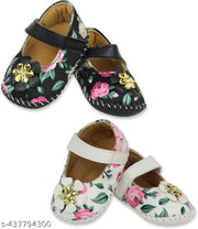 Neska Moda 6 To 12 Months Baby Girls Belly Shoe Fancy Partywear Floral Soft Velcro Sandal Booties (Toe to Heel Length - 12 cm, Black, White)-BT1643andBT1644