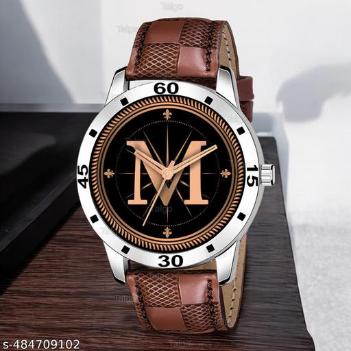 Talgo Analog Round Black Dial ALPHABET M Design Stylish Brown Leather Strap Classic Design Fancy Wrist Watch for Men and Boys, Pack of 1 - ALP-M-AVO-SIL-BRW-CHL